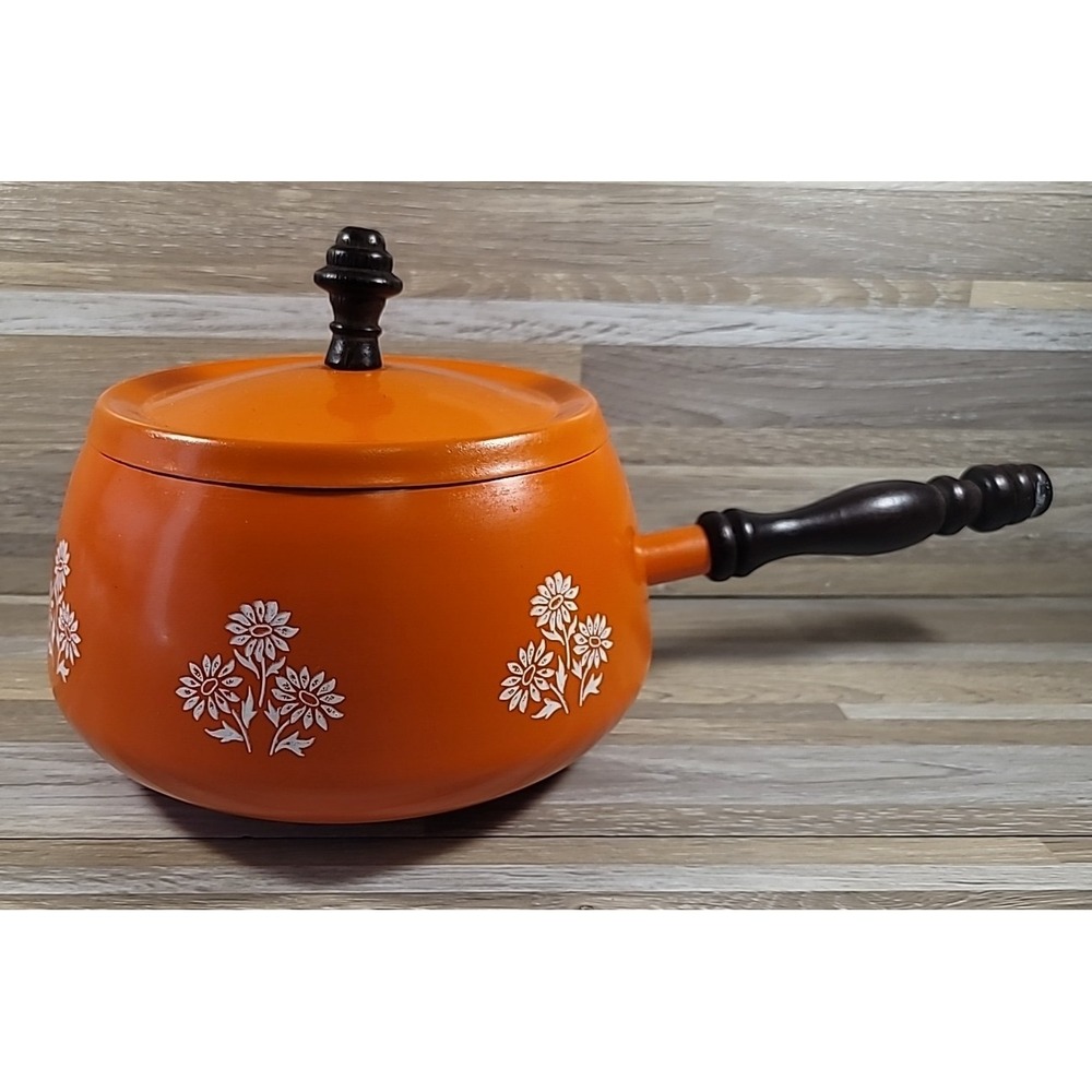 VTG Fondue Sauce Pan Orange & White Enamel W/ Flowers Wood Handle 1970's MCM